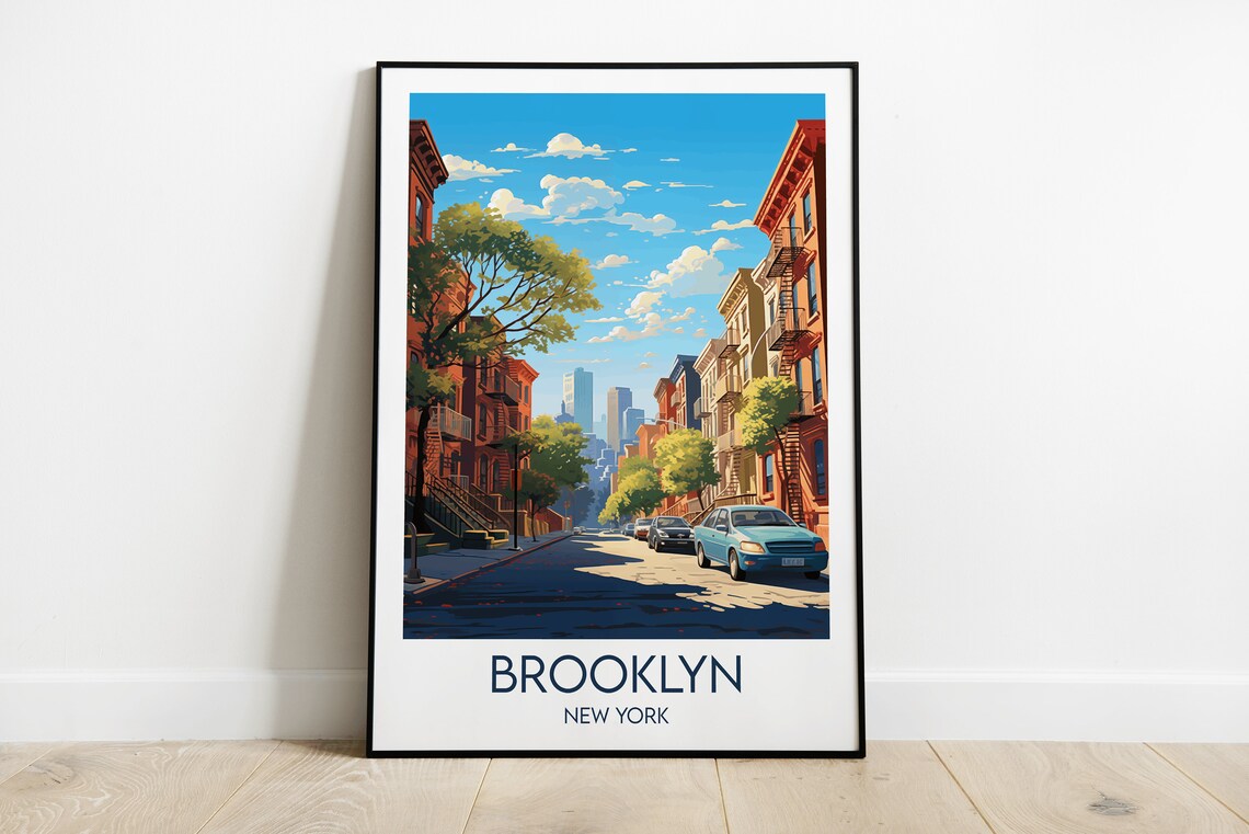 Brooklyn New York Brownstone Street Manhattan Skyline Travel Poster