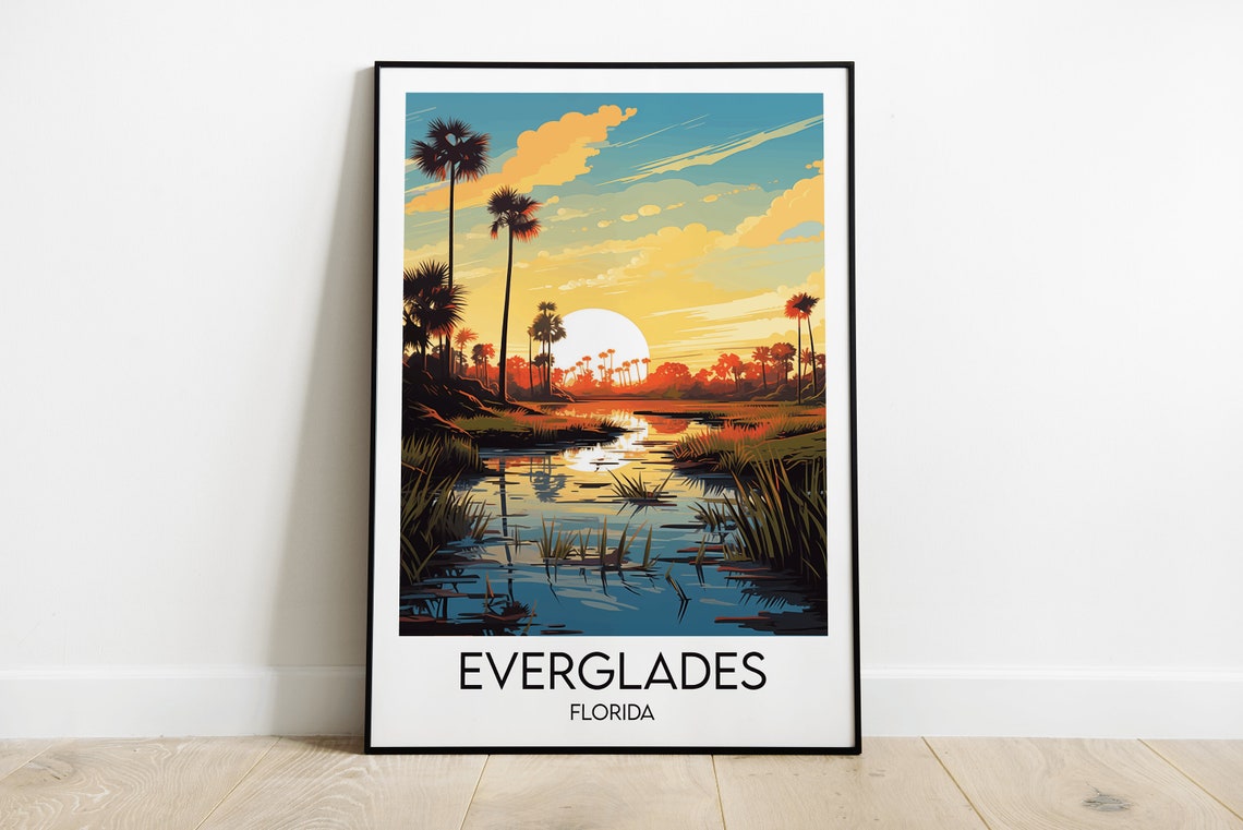 Everglades Florida Marsh Sunset Palm Silhouette Waterway Poster