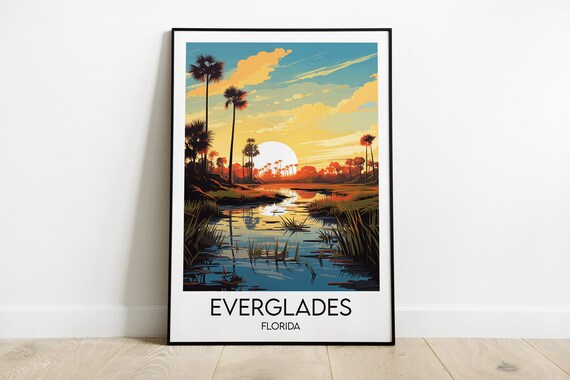 Everglades Florida Marsh Sunset Palm Silhouette Waterway Poster