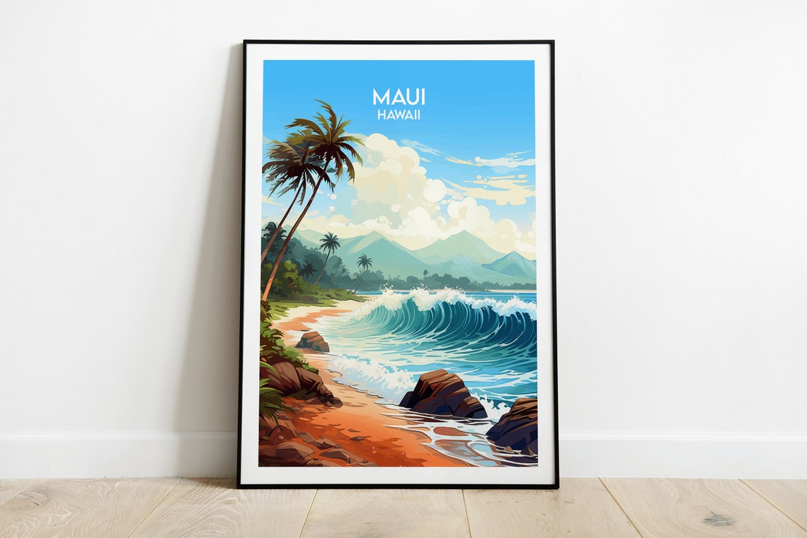Maui Hawaii Crashing Surf Wave Sandy Beach Palms Travel Poster