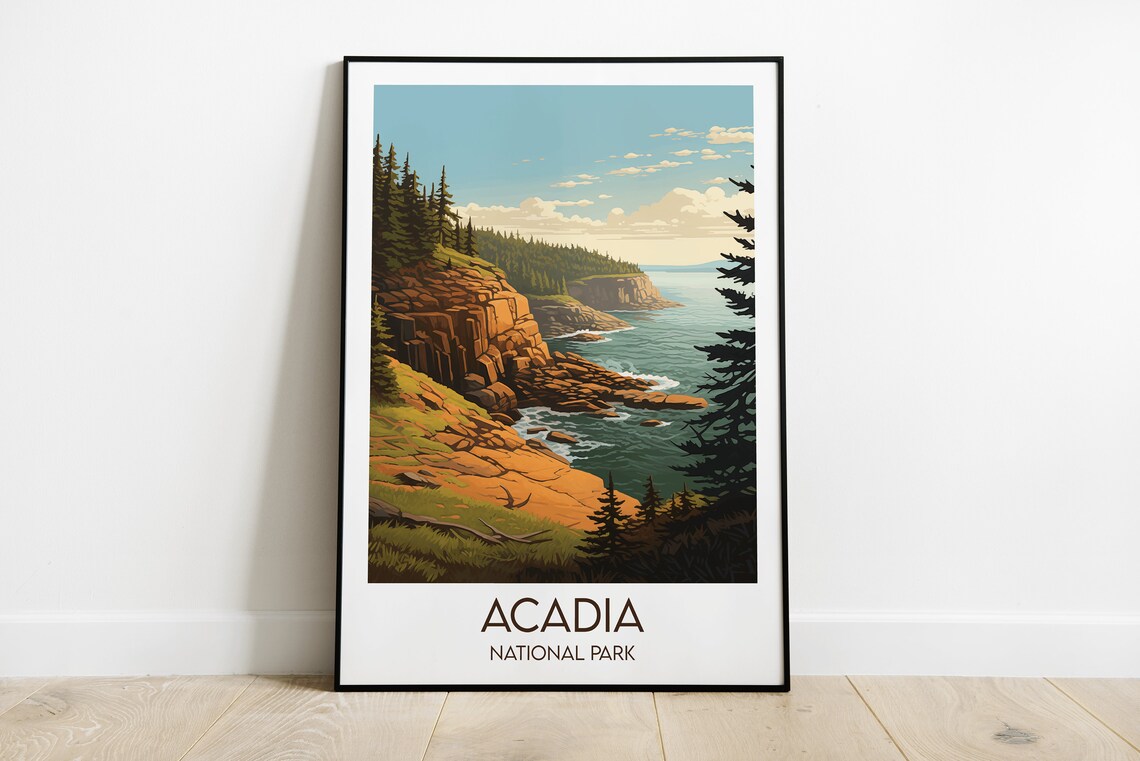 Acadia National Park Rocky Ocean Coastline Vintage Travel Poster