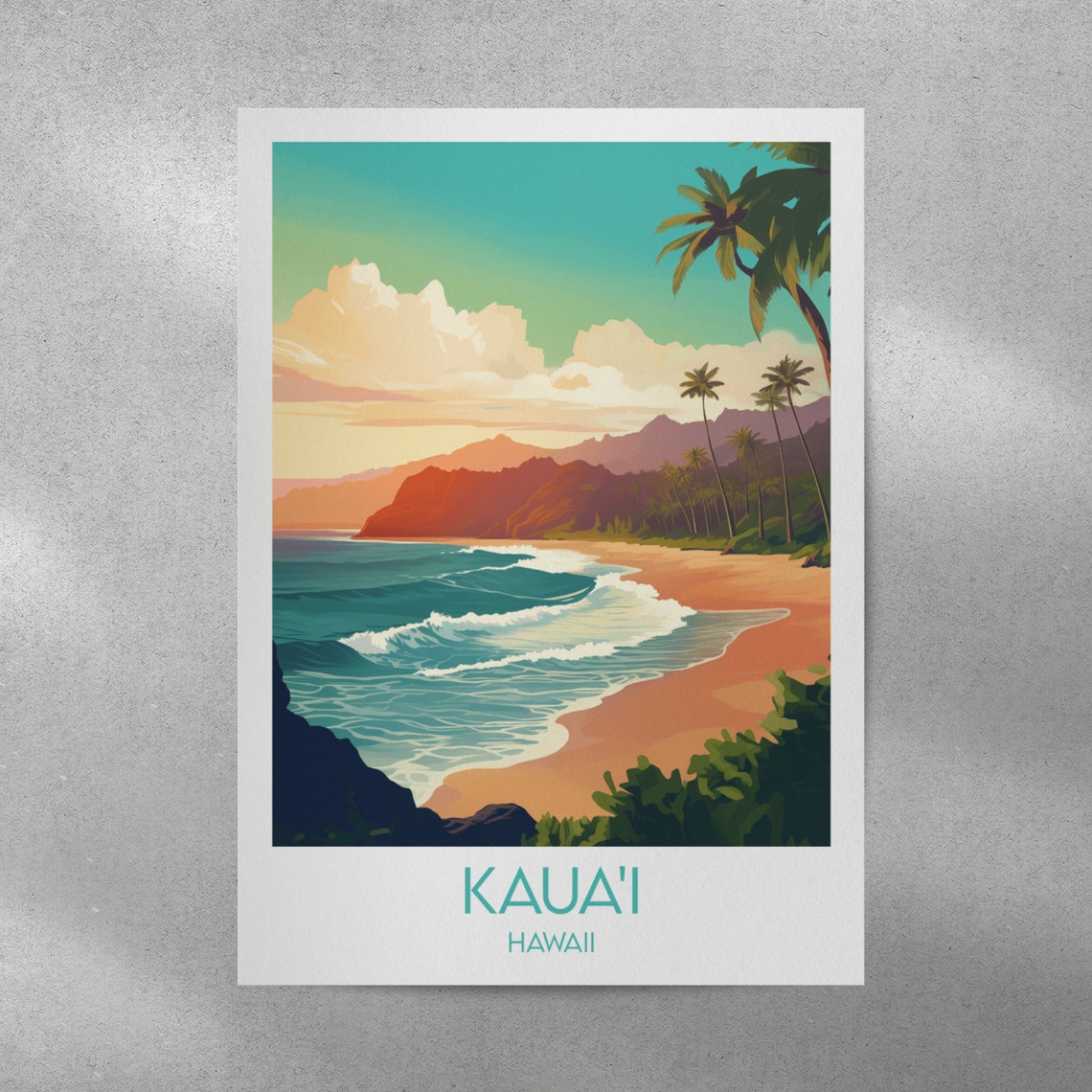 Kauai Hawaii Palm Tree Beach Ocean Retro Vintage Travel Poster - Image 2