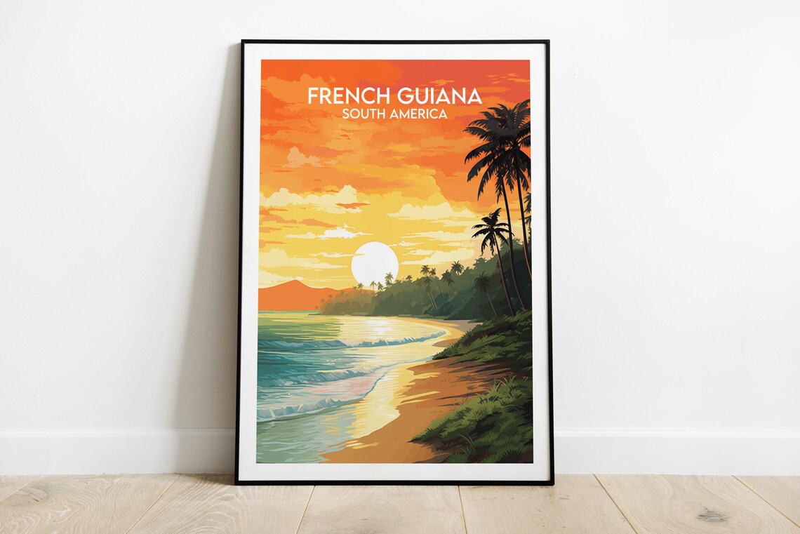 French Guiana South America Sunset Beach Palm Ocean Travel Poster