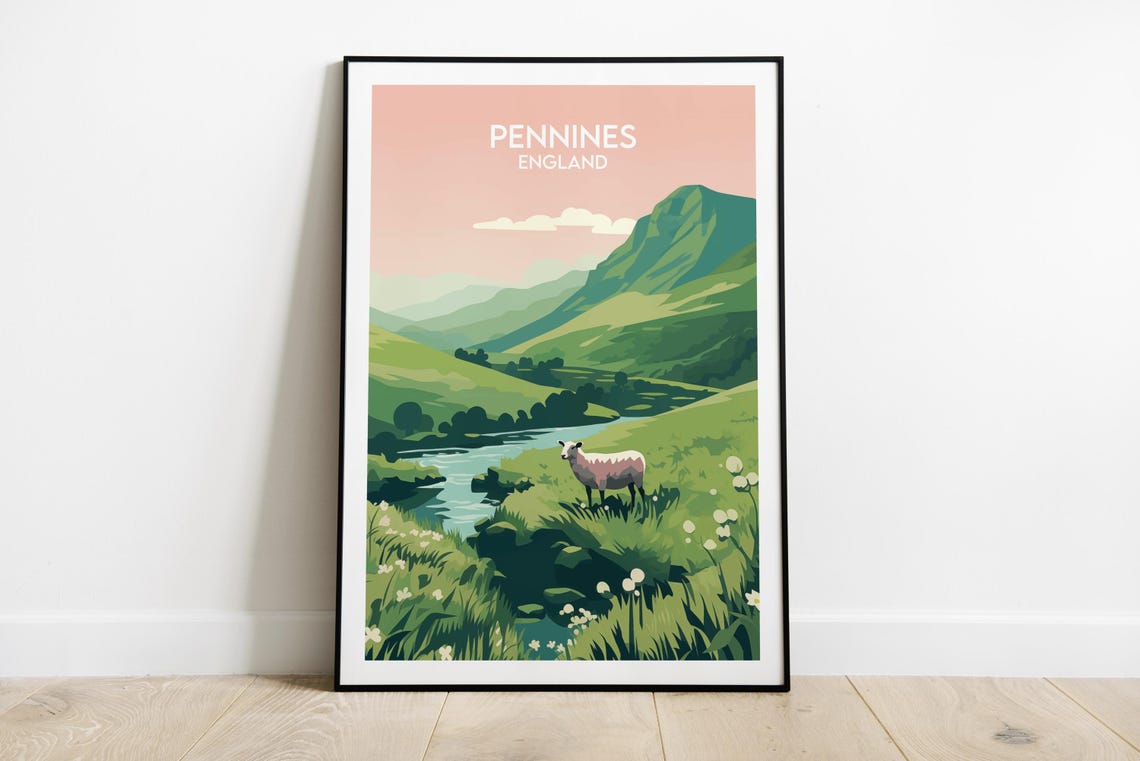 Pennines England Rolling Green Hills Sheep River Valley Travel Poster