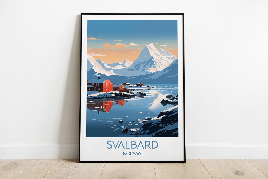 Svalbard Norway Arctic Red Cabins Fjord Vintage Travel Poster