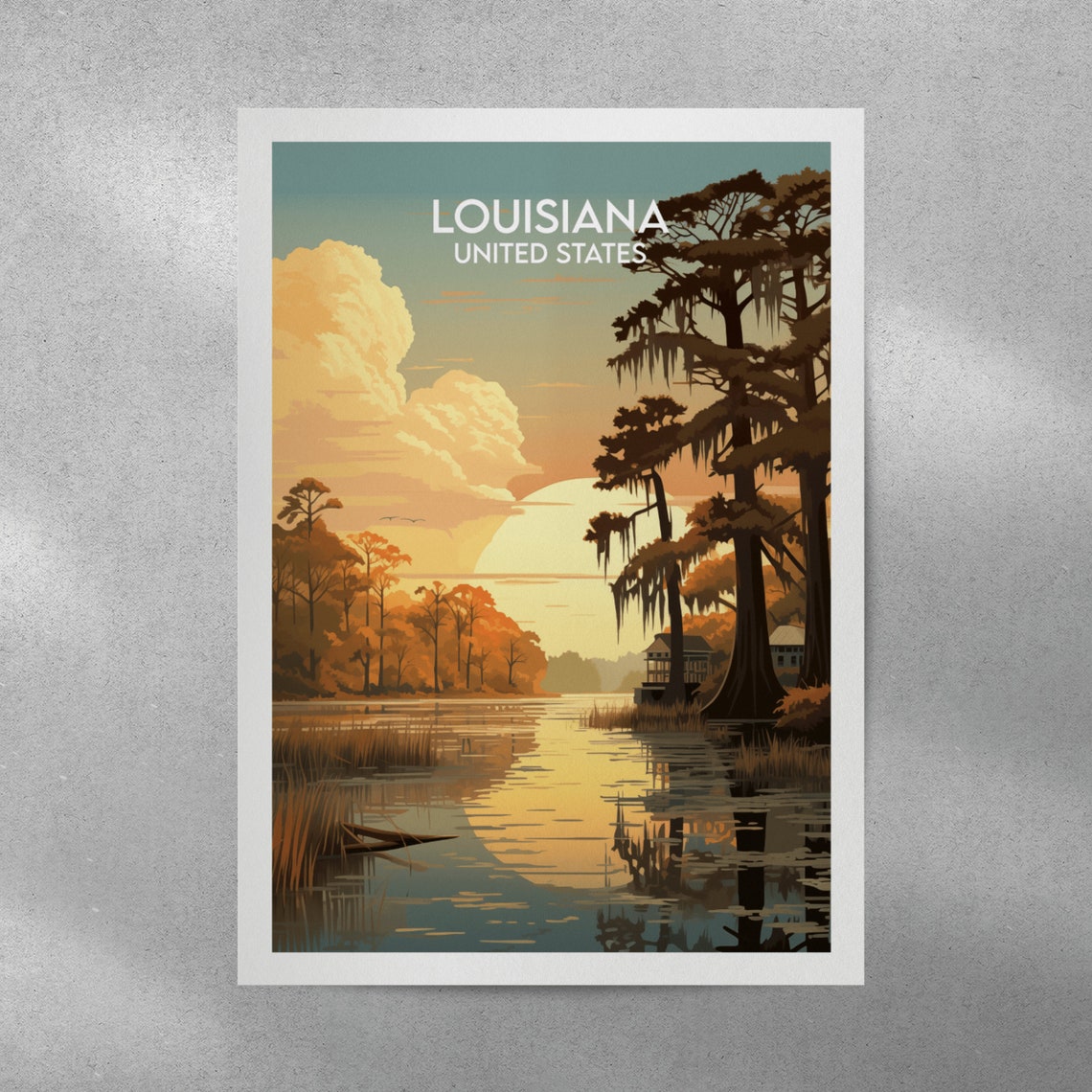 Louisiana Bayou Sunset Cypress Swamp Water Cabin Travel Poster - Image 3