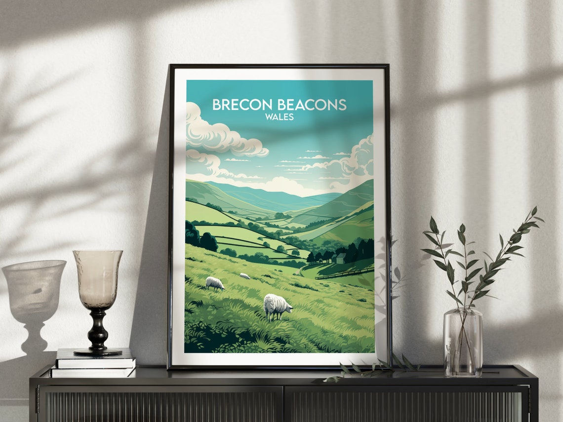 Brecon Beacons Wales Green Hills Grazing Sheep Vintage Travel Poster - Image 3