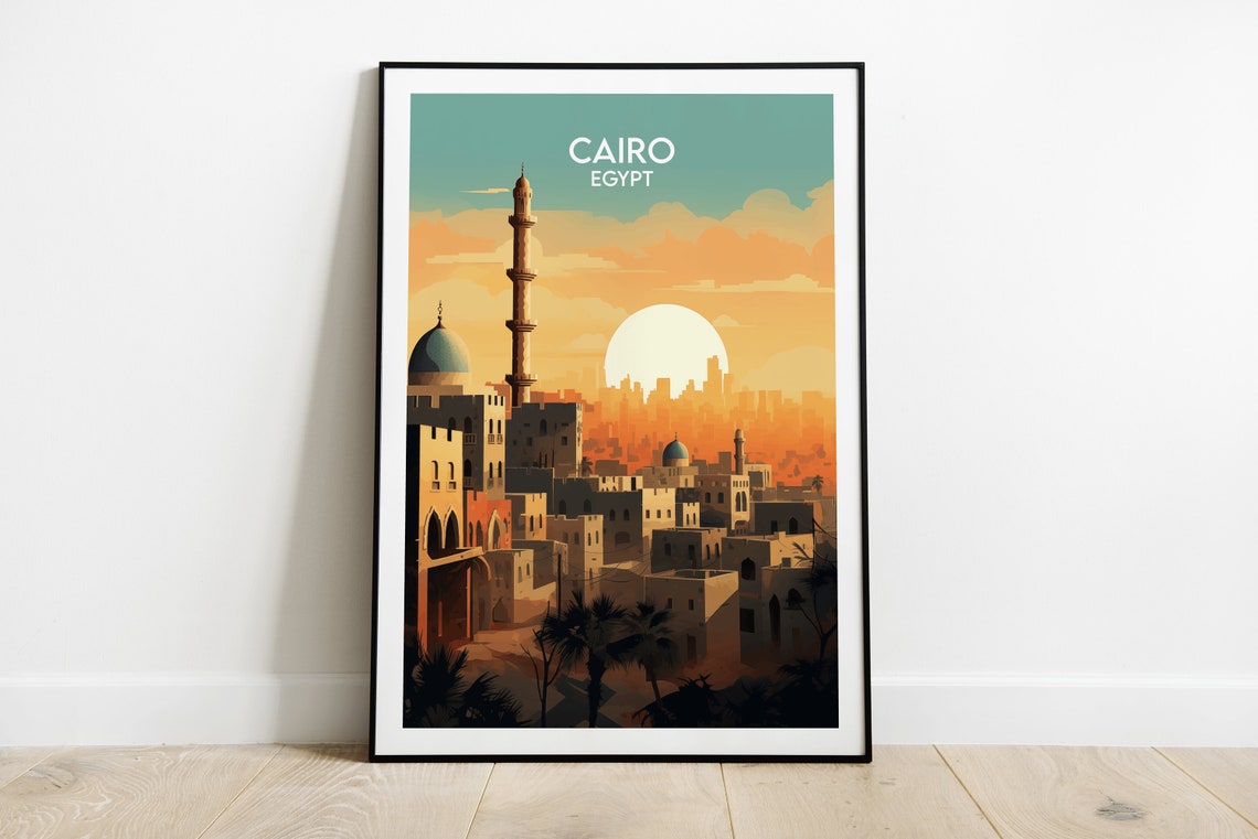 Cairo Egypt Sunset Mosque Skyline Old City Vintage Travel Poster