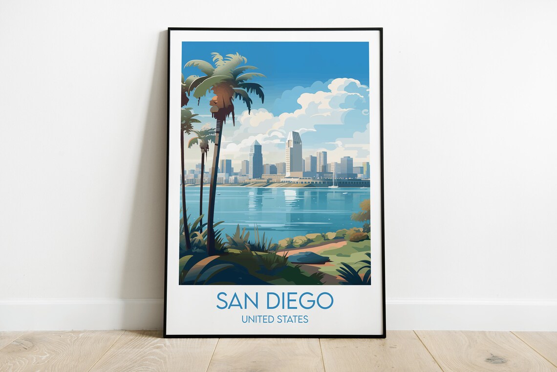 San Diego United States Travel Poster Skyline Palm Trees Harbor View