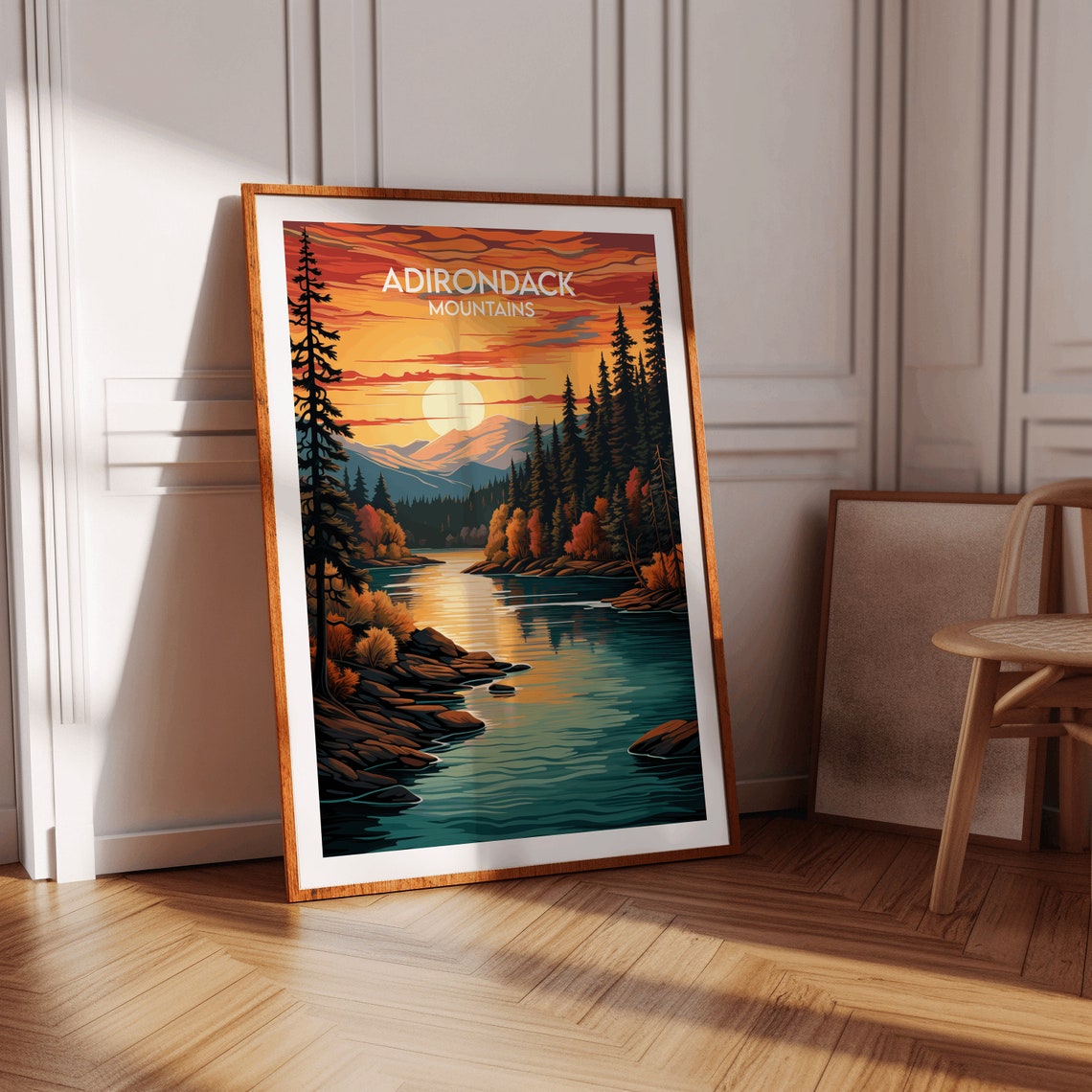 Adirondack Mountains Sunset Lake Pines Evening Travel Poster - Image 2