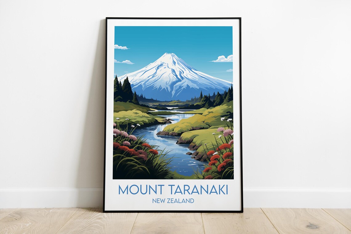Mount Taranaki New Zealand Vintage Travel Style Snowy Volcano Poster