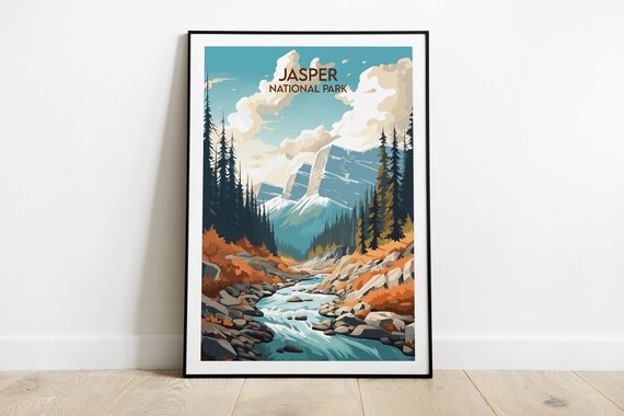 Jasper National Park Canada Travel Poster Mountain River Pine Art