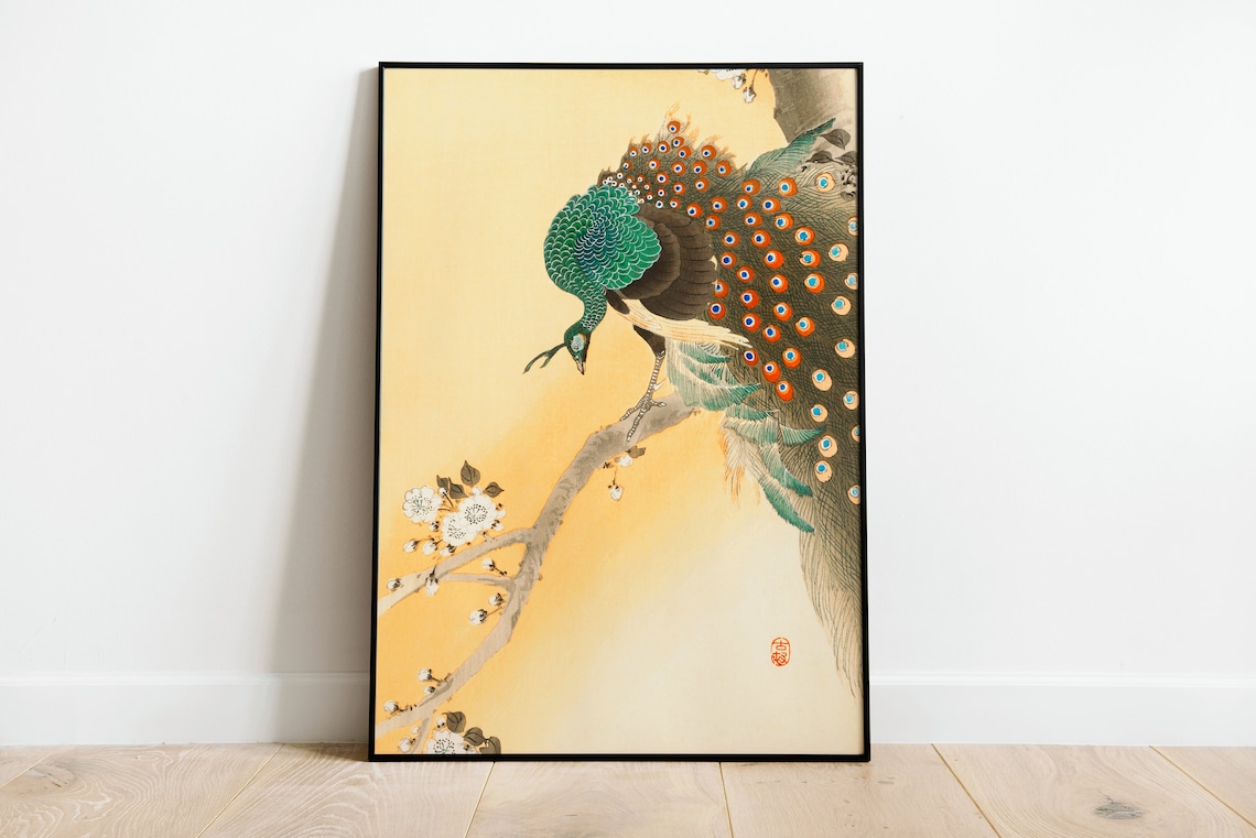 Regal Peacock on Blossom Branch Japanese Woodblock Art Poster