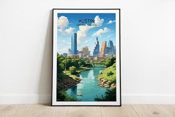 Austin Texas Skyline River Bridge Sunny Daytime City Travel Poster