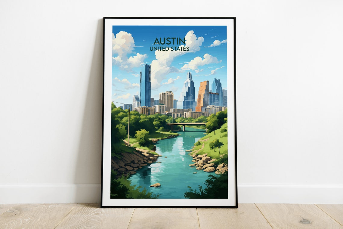 Austin Texas Skyline River Bridge Sunny Daytime City Travel Poster