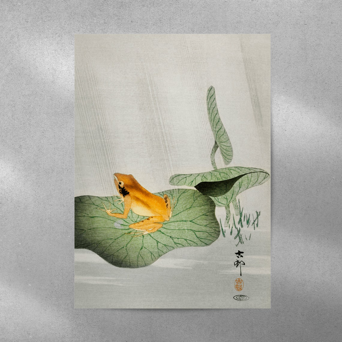 Frog on Lotus Leaf in Rain Classic Japanese Woodblock Style Print - Image 3