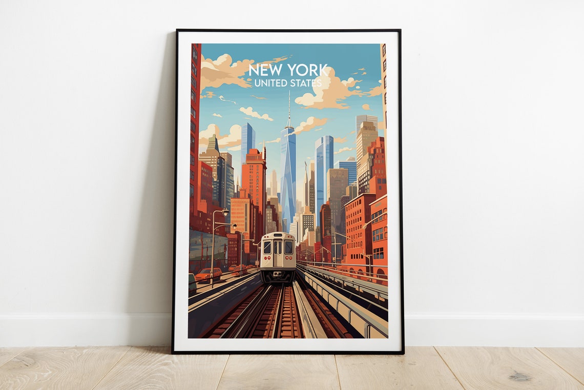 New York Subway Train City Skyline Retro Illustrated Travel Poster