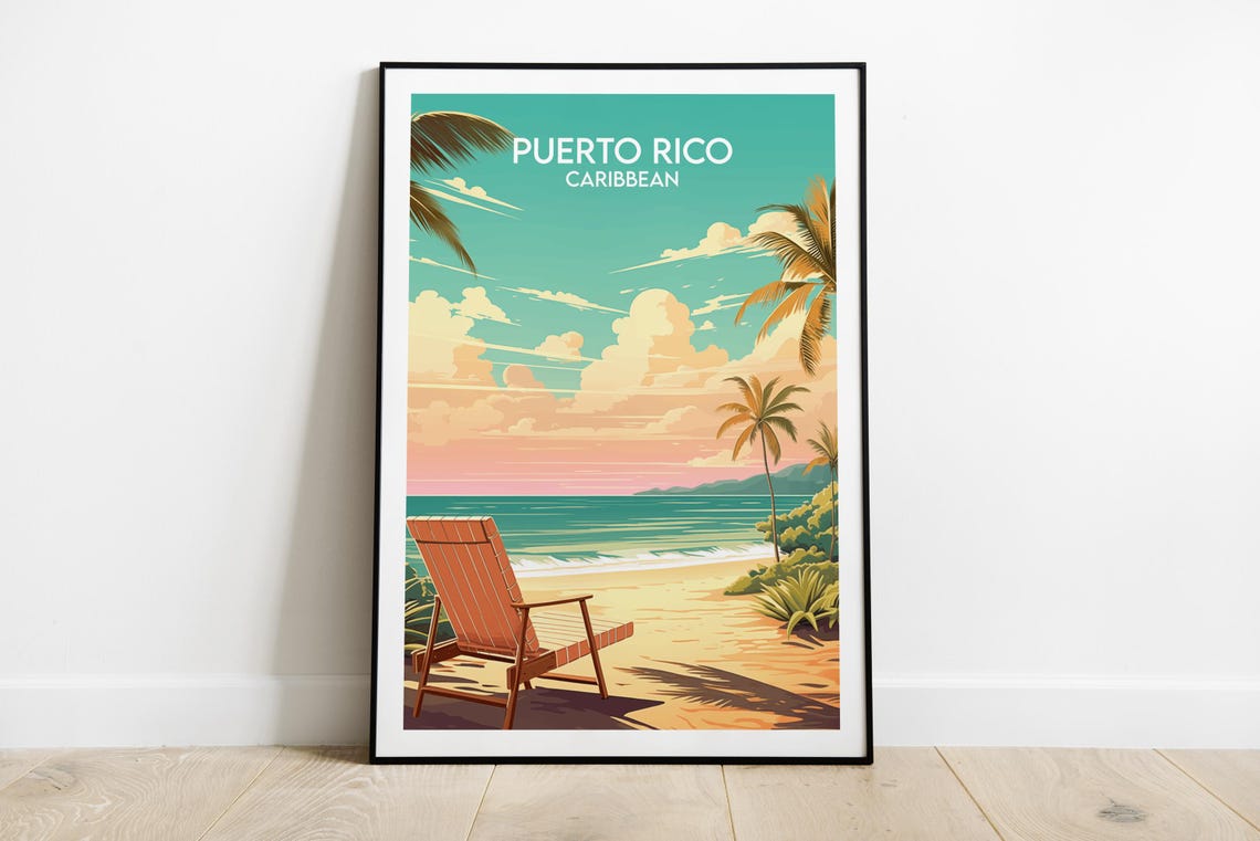 Puerto Rico Caribbean Beach Sunset Palm Tree Retro Travel Poster