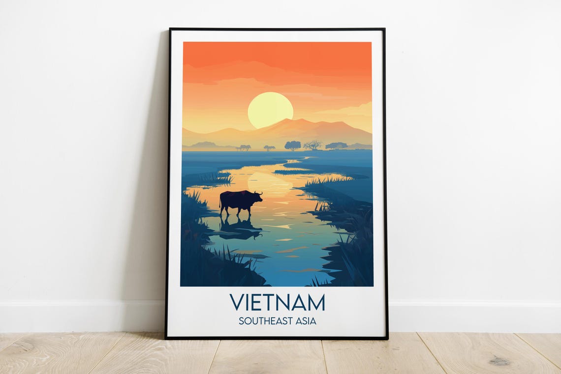 Vietnam Southeast Asia Water Buffalo River Sunset Travel Poster