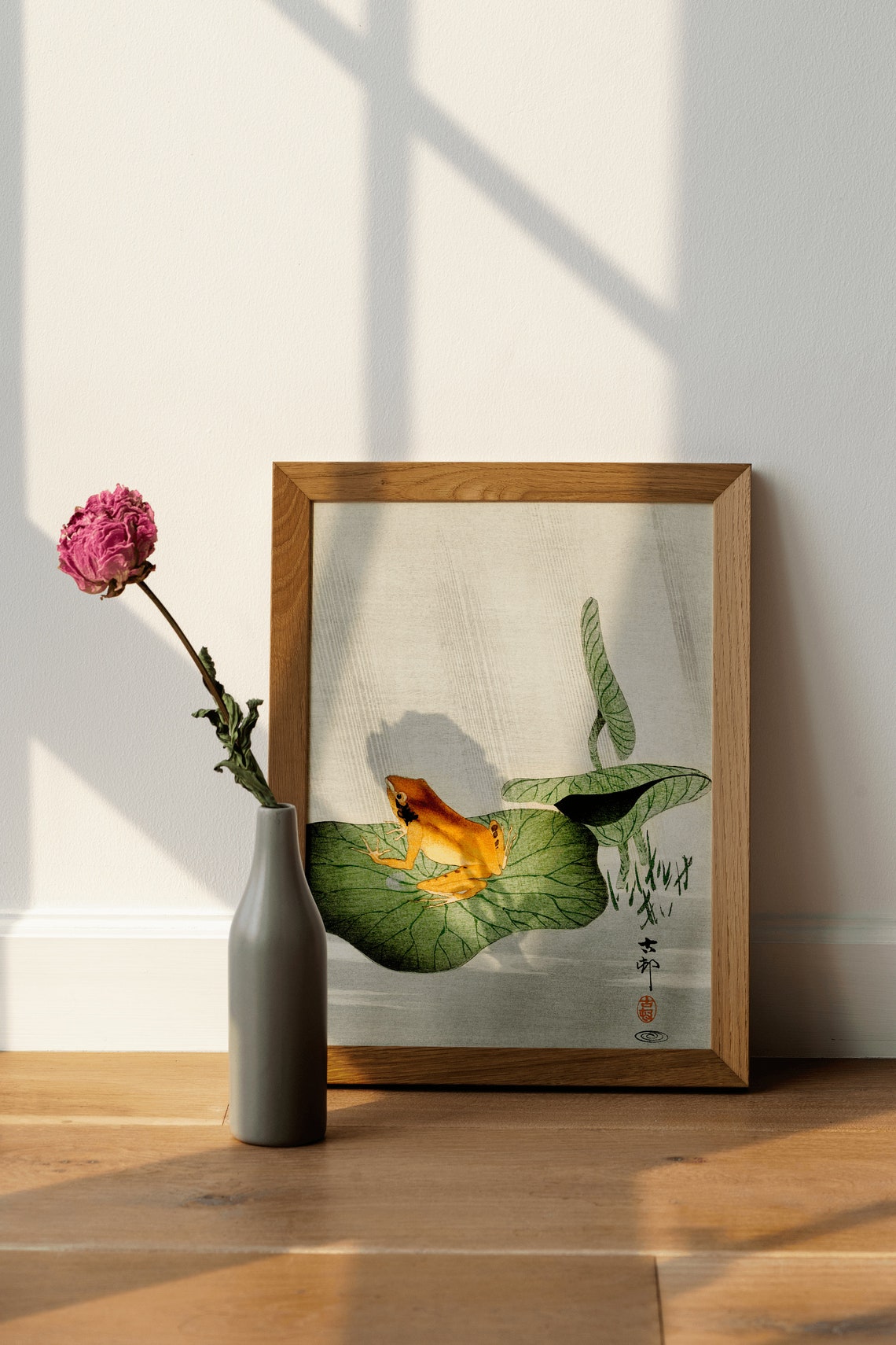 Frog on Lotus Leaf in Rain Classic Japanese Woodblock Style Print - Image 2