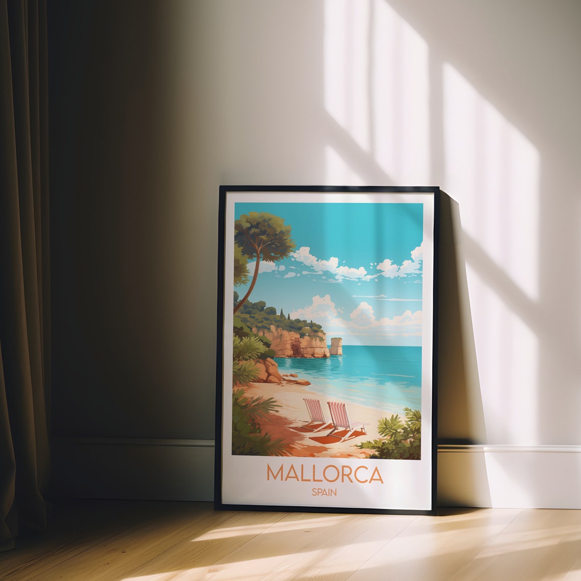 Mallorca Spain Sunlit Beach Deck Chairs Seaside Travel Art Poster - Image 2