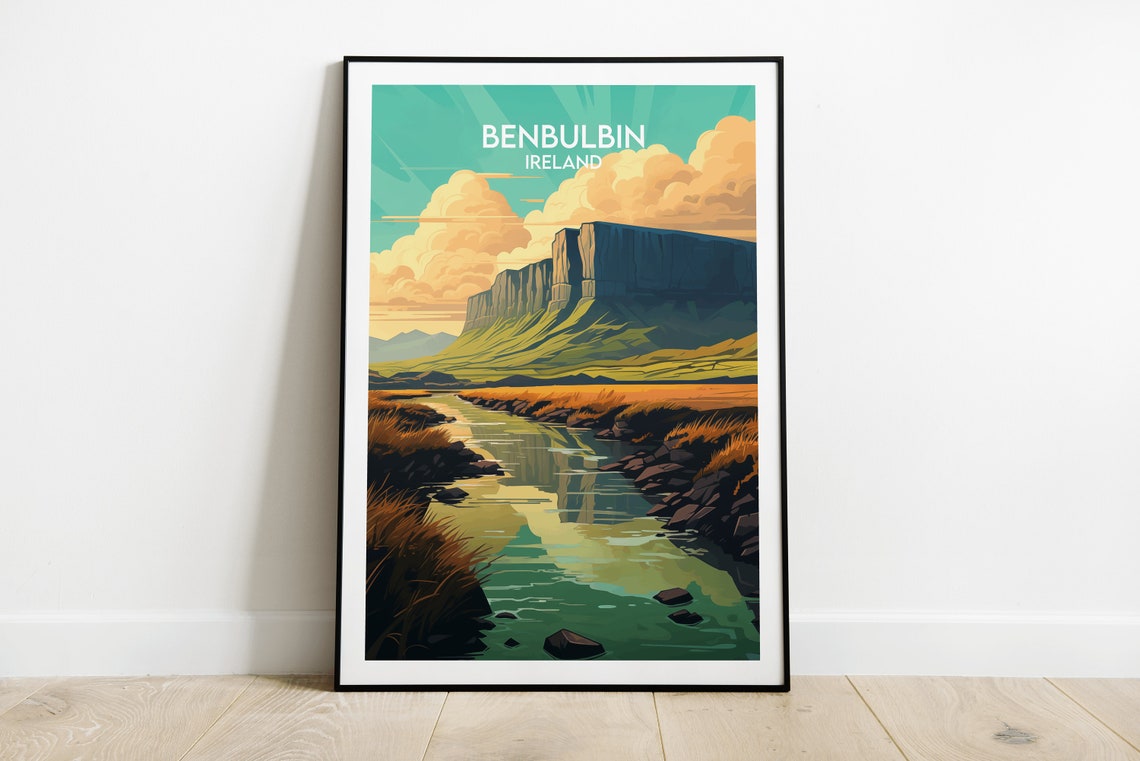 Benbulbin Ireland Table Mountain River Landscape Travel Poster