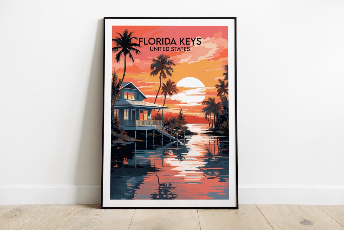 Florida Keys Sunset Stilt House Palm Trees Over Water Travel Poster
