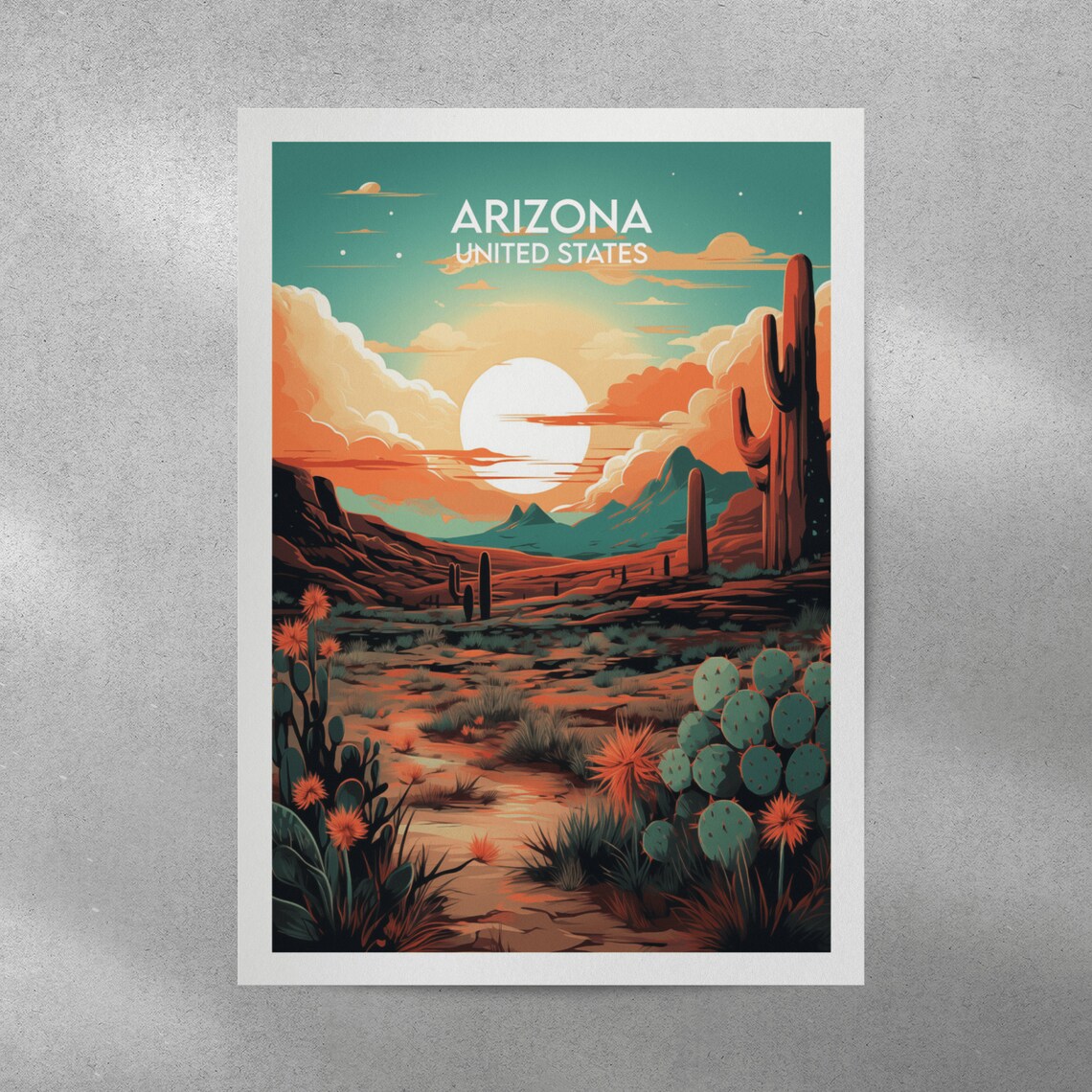 Arizona United States Teal Orange Cactus Garden Sunset Travel Poster - Image 3