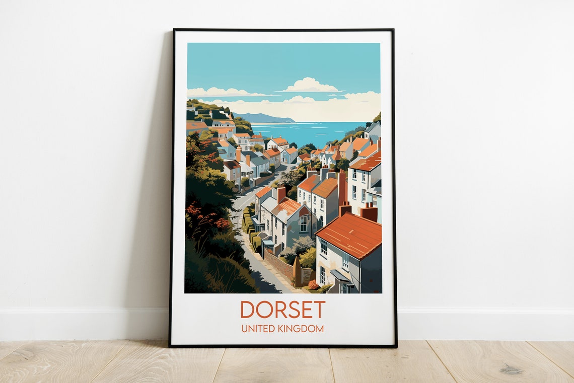 Dorset United Kingdom Seaside Cottages Hillside View Travel Poster