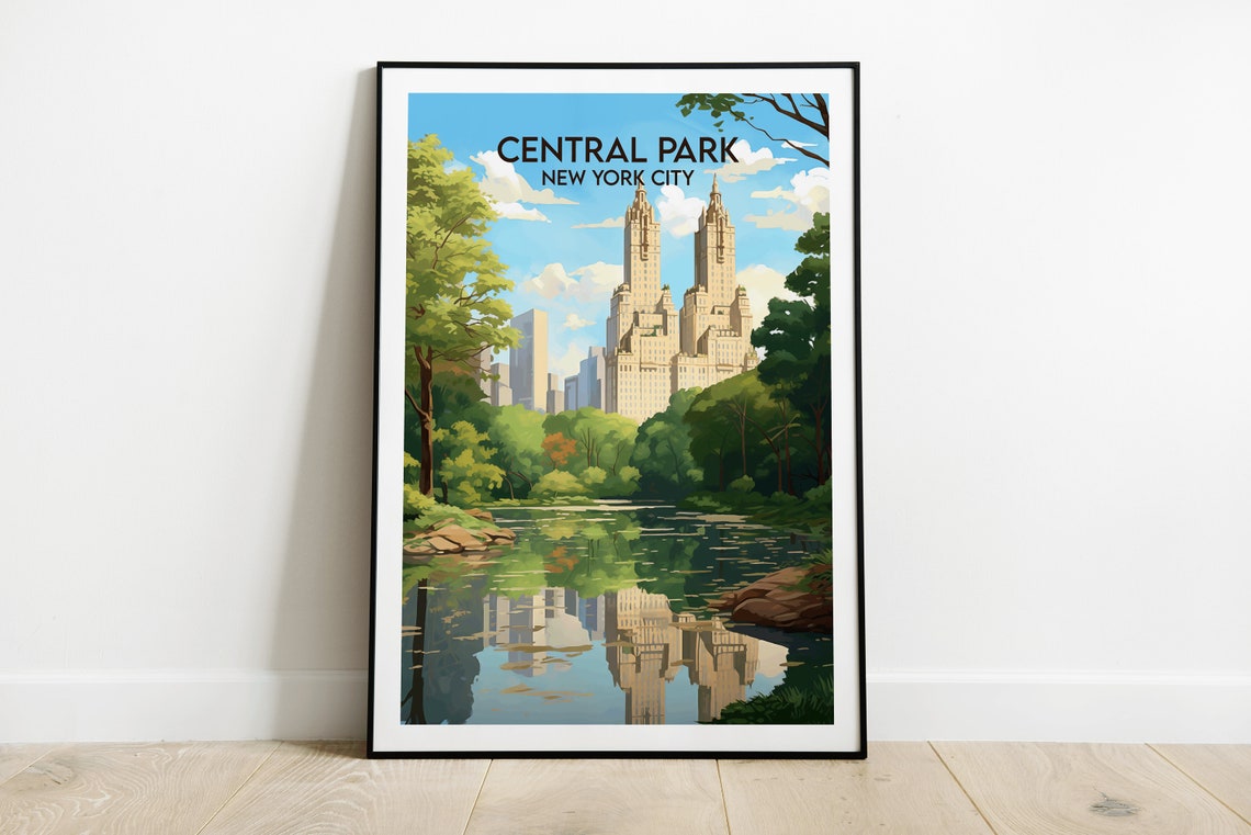 Central Park New York City Towers Reflection Vintage Travel Poster
