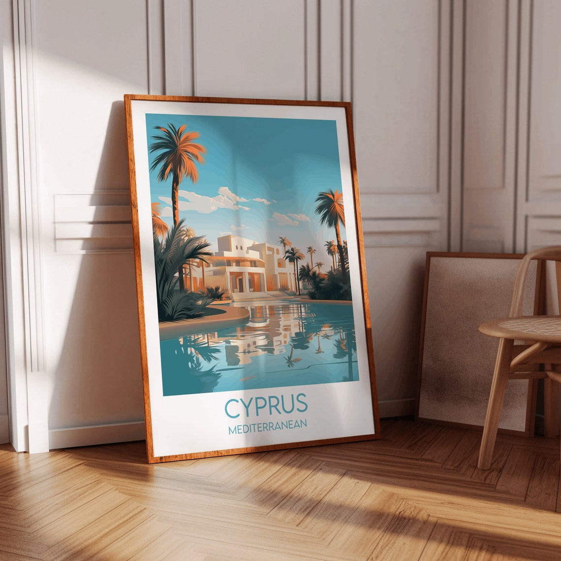 Cyprus Mediterranean White Villa Pool Palms Resort Travel Poster - Image 2