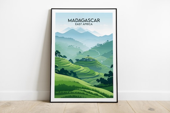 Madagascar Misty Blue Mountains Terraced Valley Travel Poster