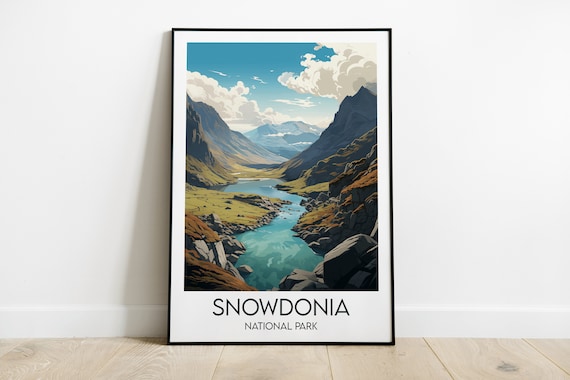 Snowdonia National Park Mountain Valley Lake Vintage Travel Poster