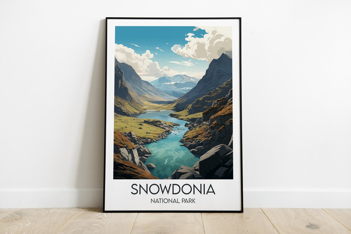 Snowdonia National Park Mountain Valley Lake Vintage Travel Poster