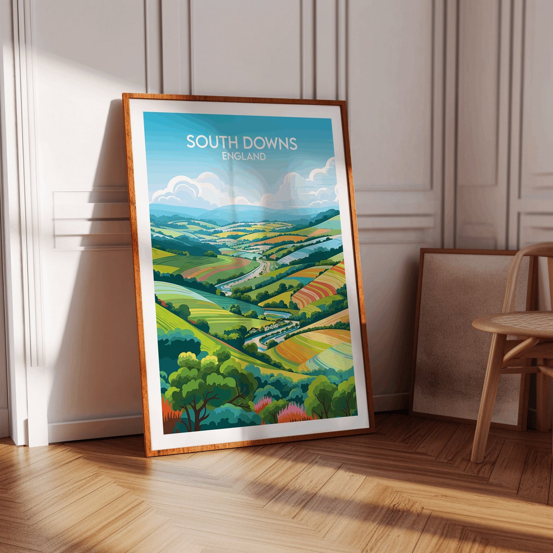 South Downs England Colorful Patchwork Rolling Hills Travel Poster - Image 3