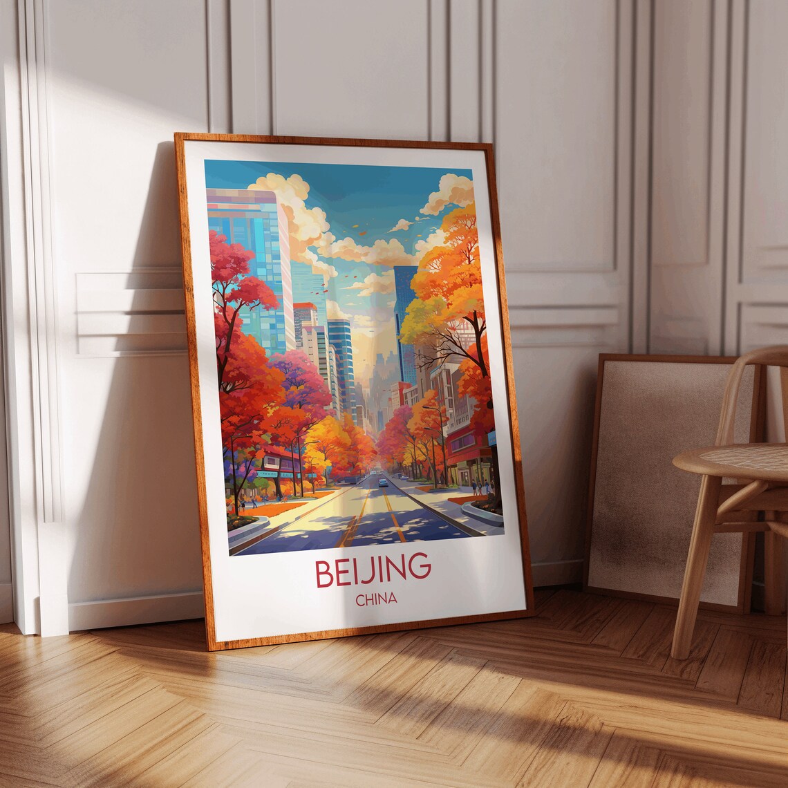 Beijing China Autumn Avenue Red Trees City Skyline Travel Poster - Image 2