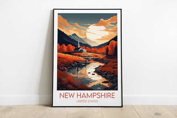 New Hampshire Fall Foliage River Church Autumn Travel Poster