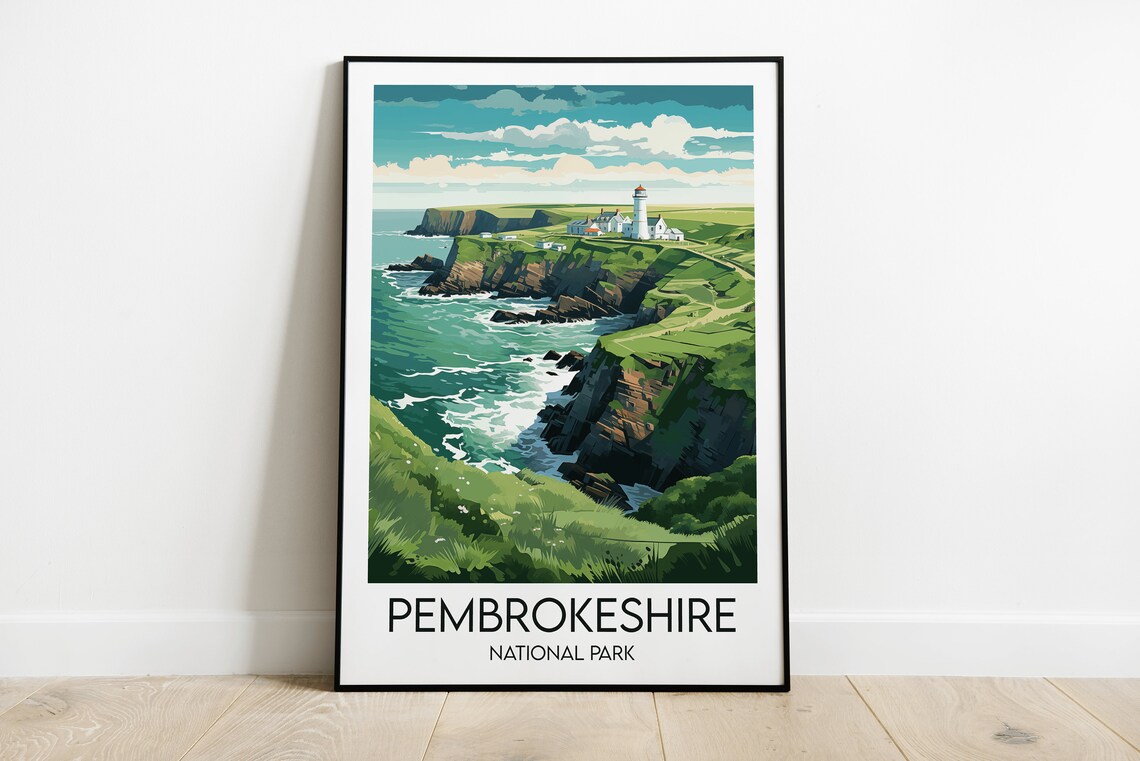 Pembrokeshire National Park Lighthouse Sea Cliffs Wales Coast Travel Poster