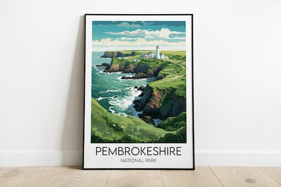 Pembrokeshire National Park Lighthouse Sea Cliffs Wales Coast Travel Poster