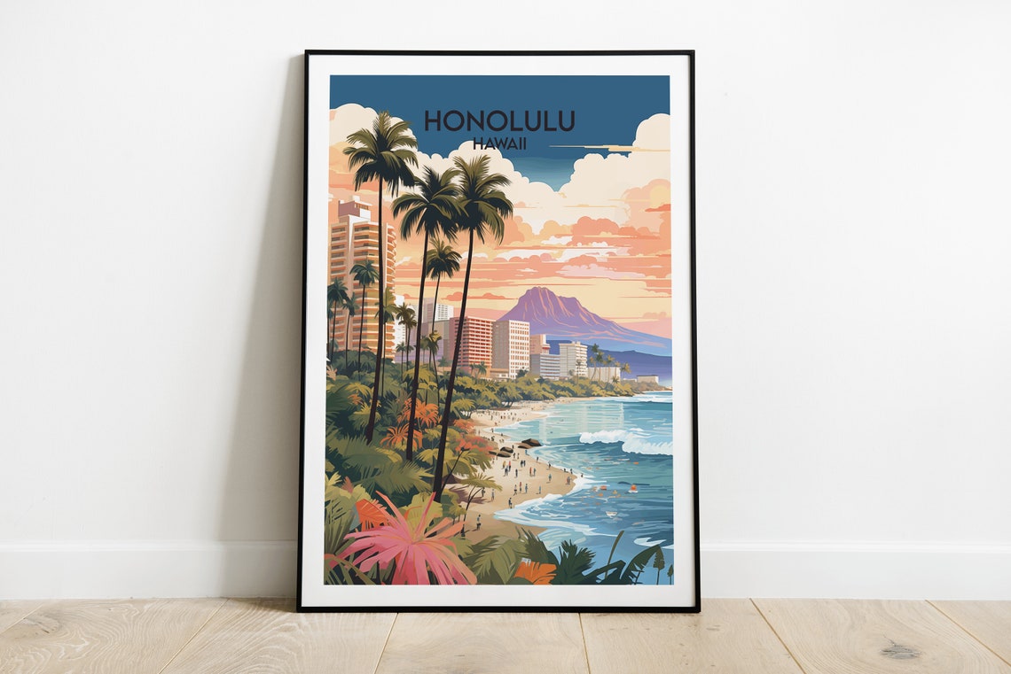 Honolulu Hawaii Waikiki Beach Skyline Diamond Head View Poster