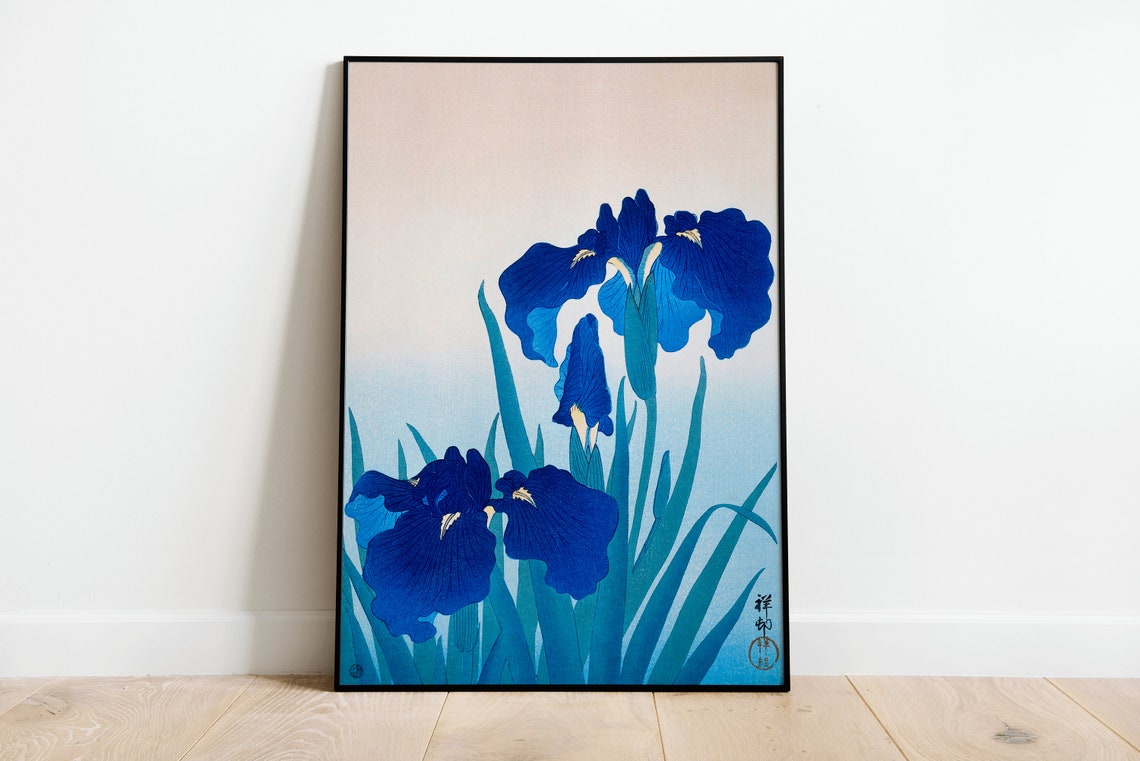 Ohara Koson Blue Iris Blossoms Japanese Woodblock Style Art Print
