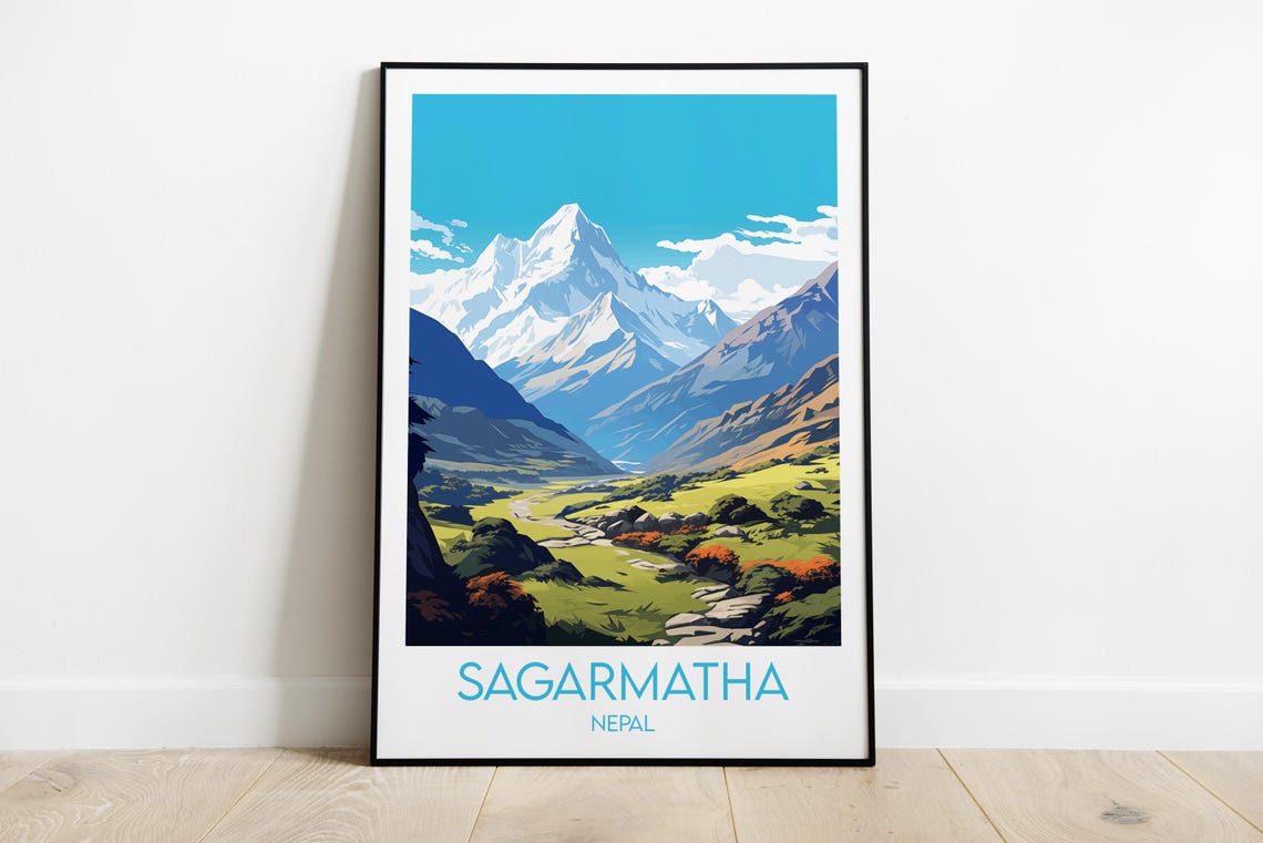 Sagarmatha Nepal Snowy Everest Peak Minimalist Mountain Travel Poster