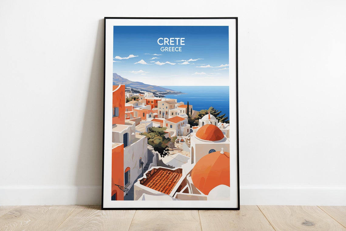 Crete Greece Whitewashed Village Blue Domes Seaside Travel Poster