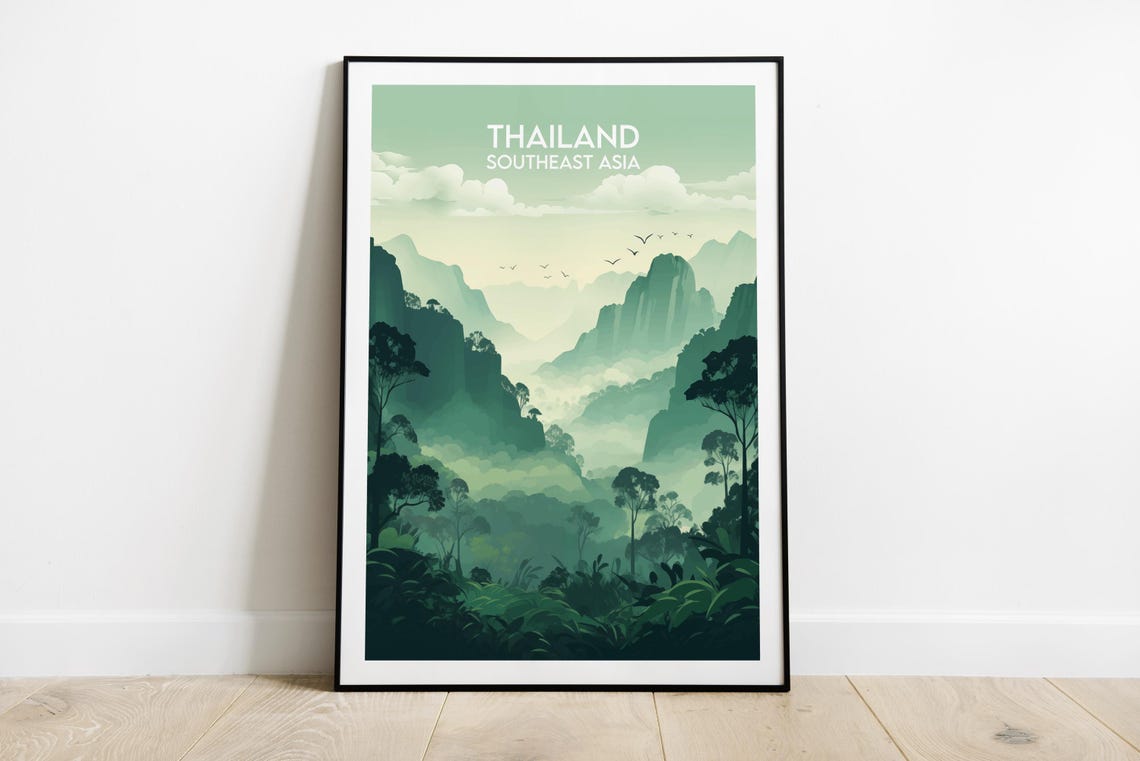 Thailand Southeast Asia Misty Mountain Peaks Retro Travel Poster