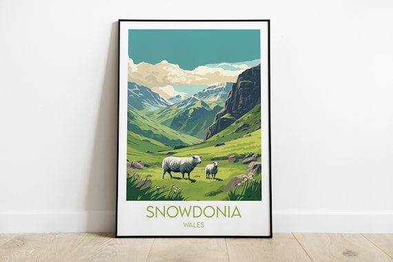 Snowdonia Wales Green Mountain Valley Sheep Grazing Travel Poster