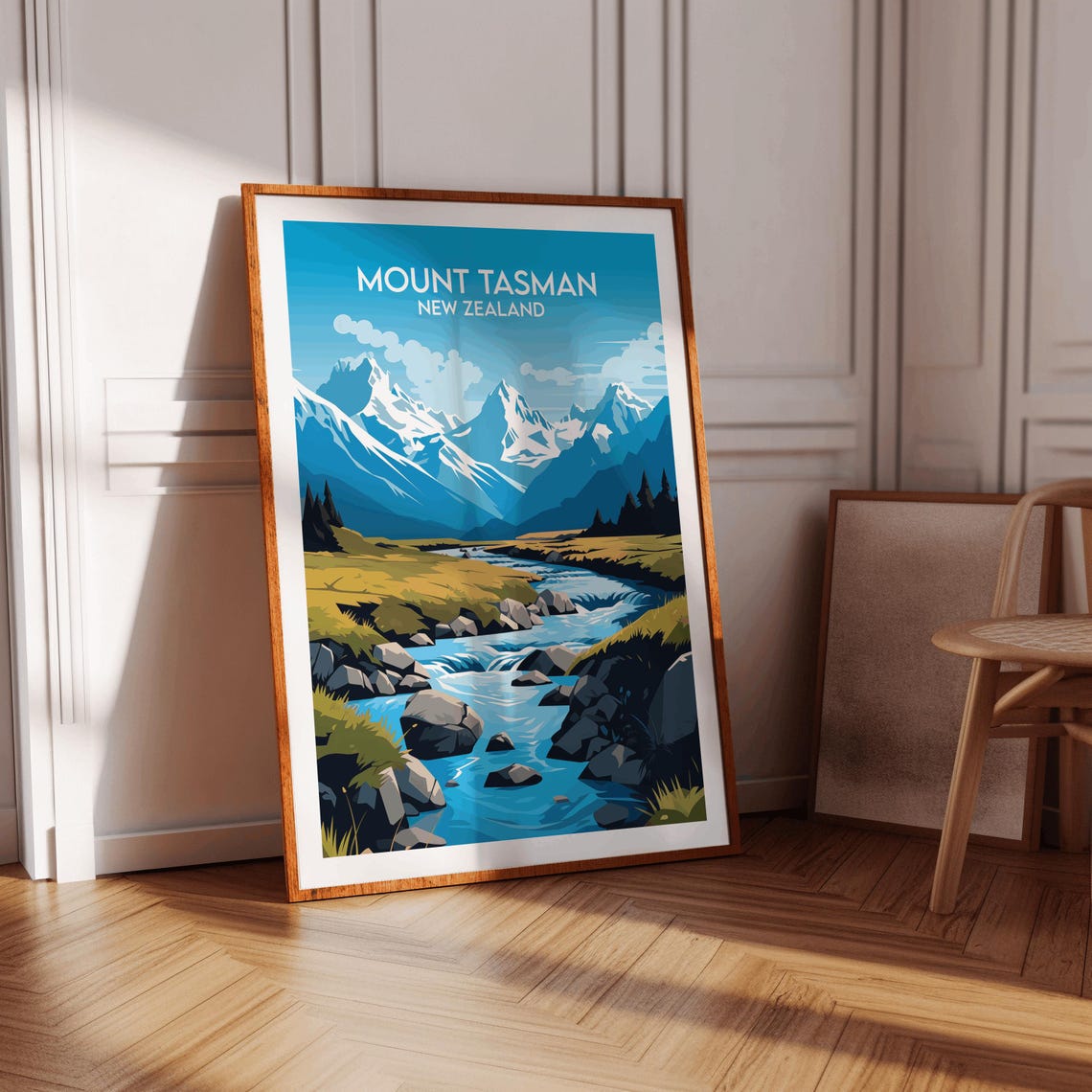Mount Tasman New Zealand Alpine Peaks River Valley Vintage Poster - Image 3