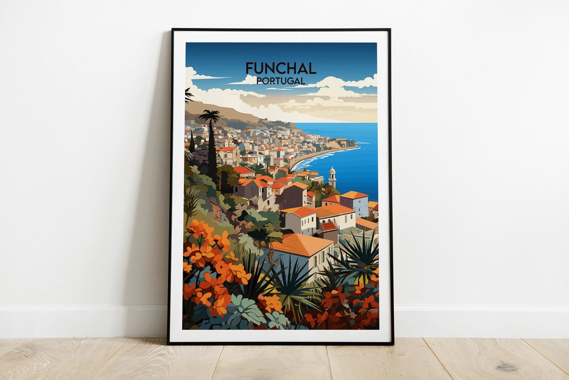 Funchal Portugal Flower Foreground Bay Lighthouse Travel Poster
