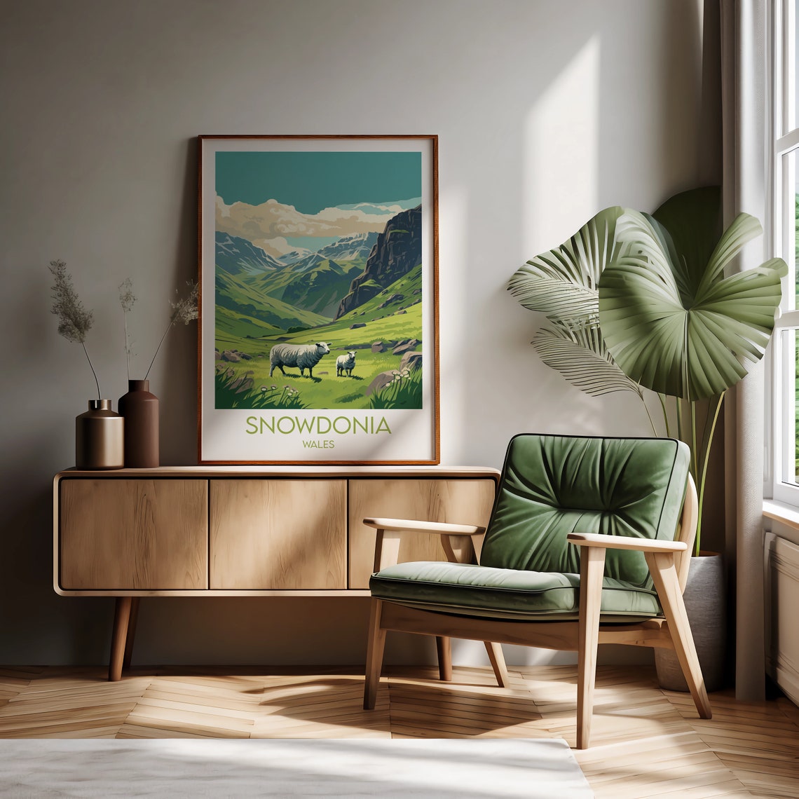 Snowdonia Wales Green Mountain Valley Sheep Grazing Travel Poster - Image 2