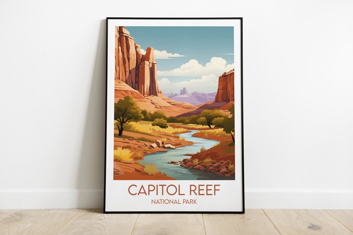 Capitol Reef National Park River Through Red Cliffs Travel Art Poster