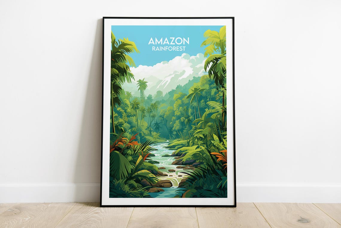 Beautiful Amazon Rainforest River Rapids Jungle Vintage Travel Poster